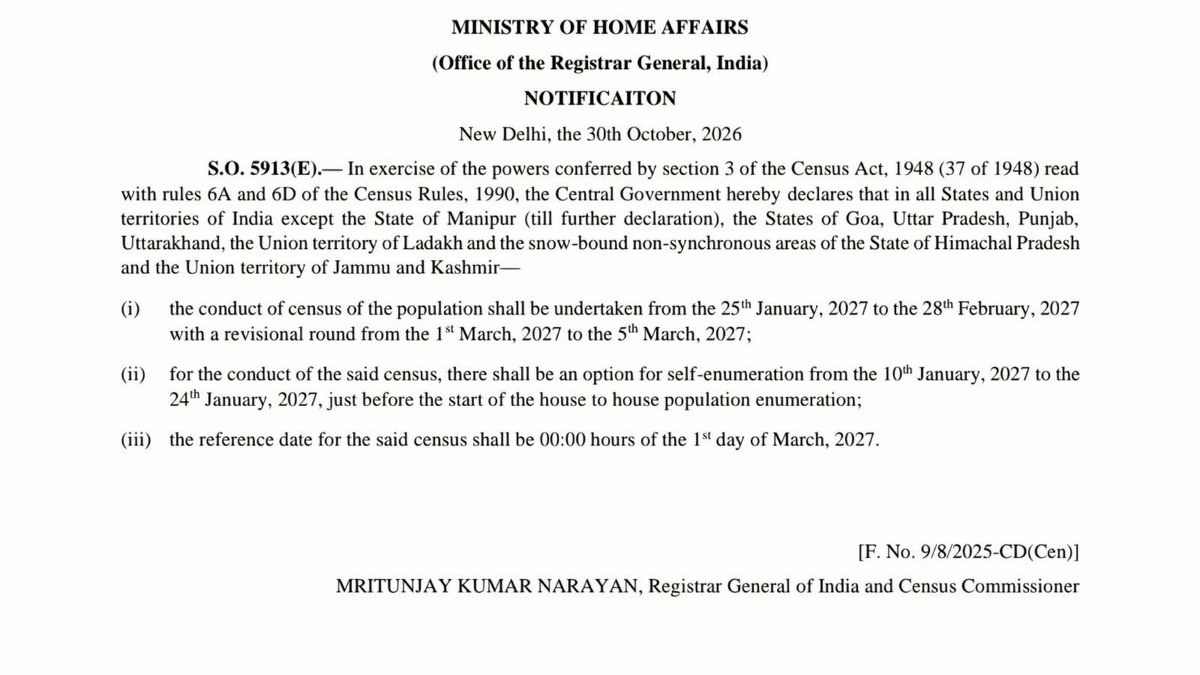 Population census set for January 25-February 28, 2027; Uttarakhand excluded from schedule