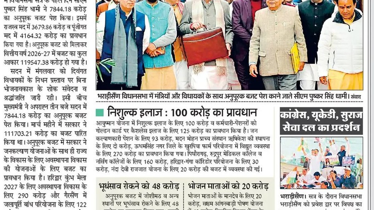 गैरसैंण विधानसभा में मुख्यमंत्री धामी ने पेश किया ₹ 7,844 करोड़ का अनुपूरक बजट