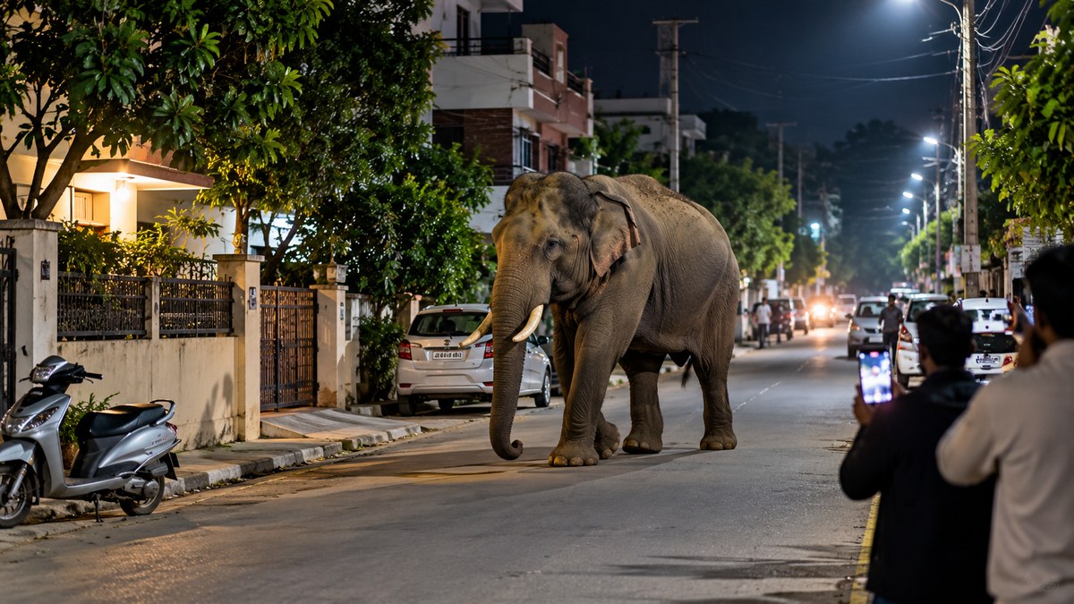 Wild Elephant Spotted on Haridwar BHEL Colony Road, Traffic Hit as Passers-by Record Videos