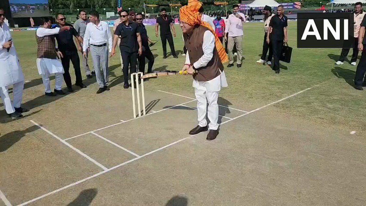 Uttarakhand CM Pushkar Singh Dhami bats at Namo Cricket Tournament in Panchkula, Haryana