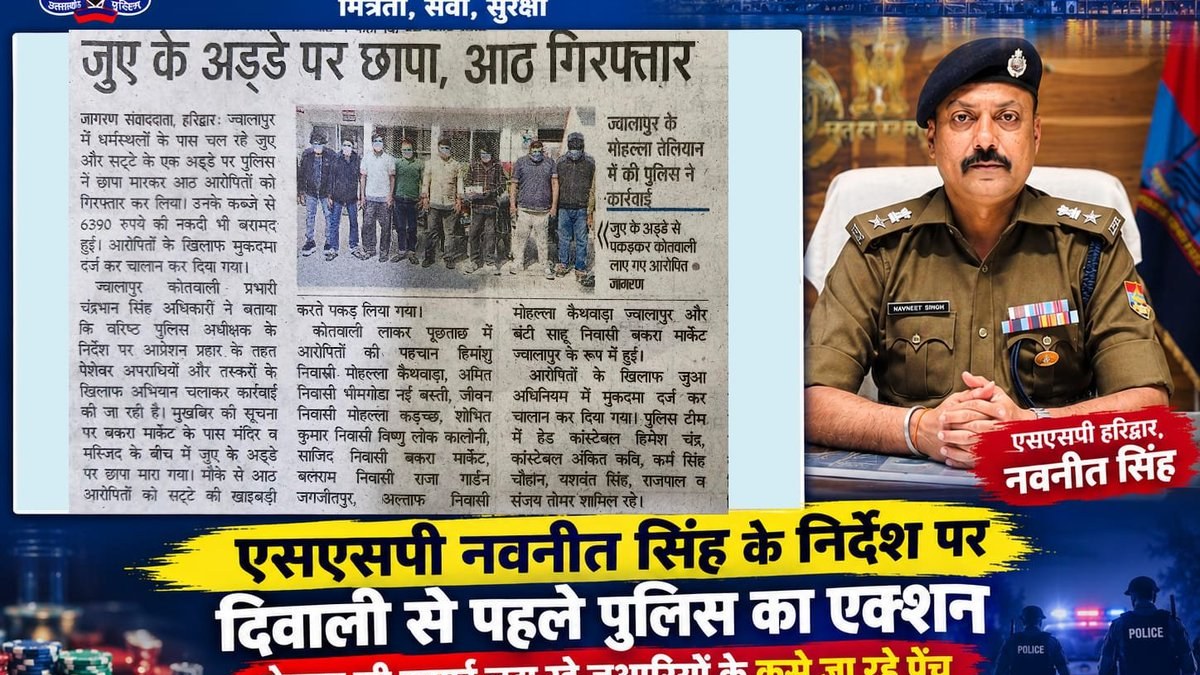 Haridwar Police Detain 8 People Allegedly Gambling in Jwalapur Raid Near Bakra Market