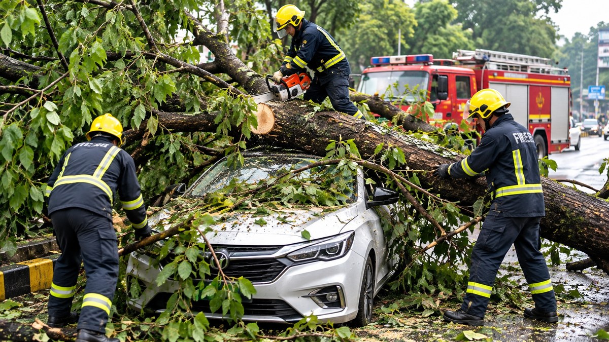 Firefighters free Tata Punch after tree falls on Haldwani’s Nainital Road; no injuries reported