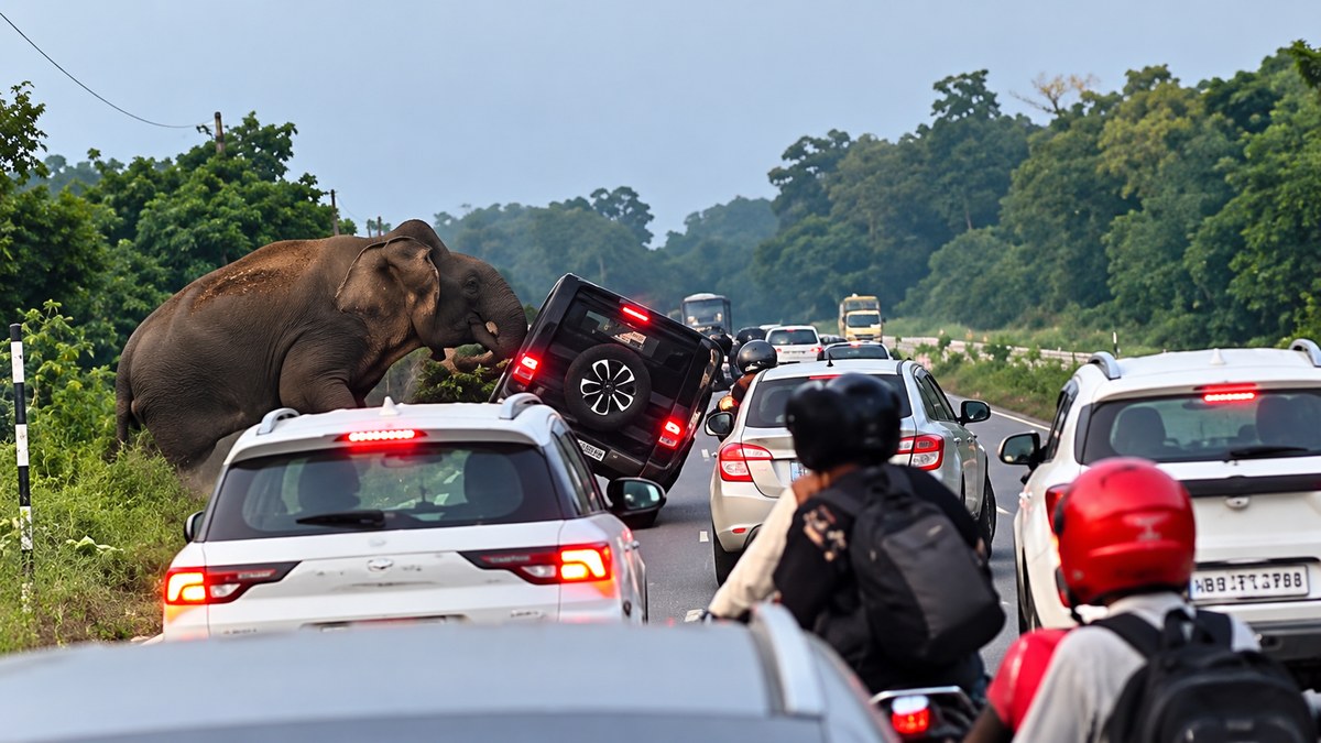 Wild elephant moves towards black Thar on Haridwar-Najibabad highway, no one hurt